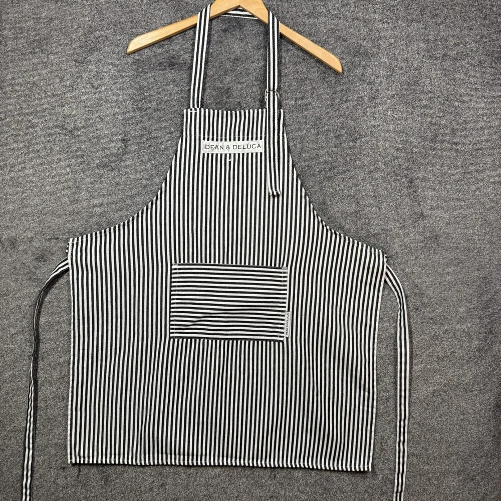 Dean & Deluca Apron Striped Bib Black White Adjustable Cotton Blend Pocket